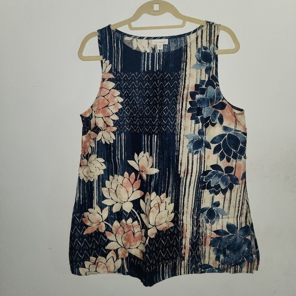 J Jill Pure Jill Petite Medium Sleeveless Tunic Top Lotus Floral Blue Pink - Picture 3 of 6